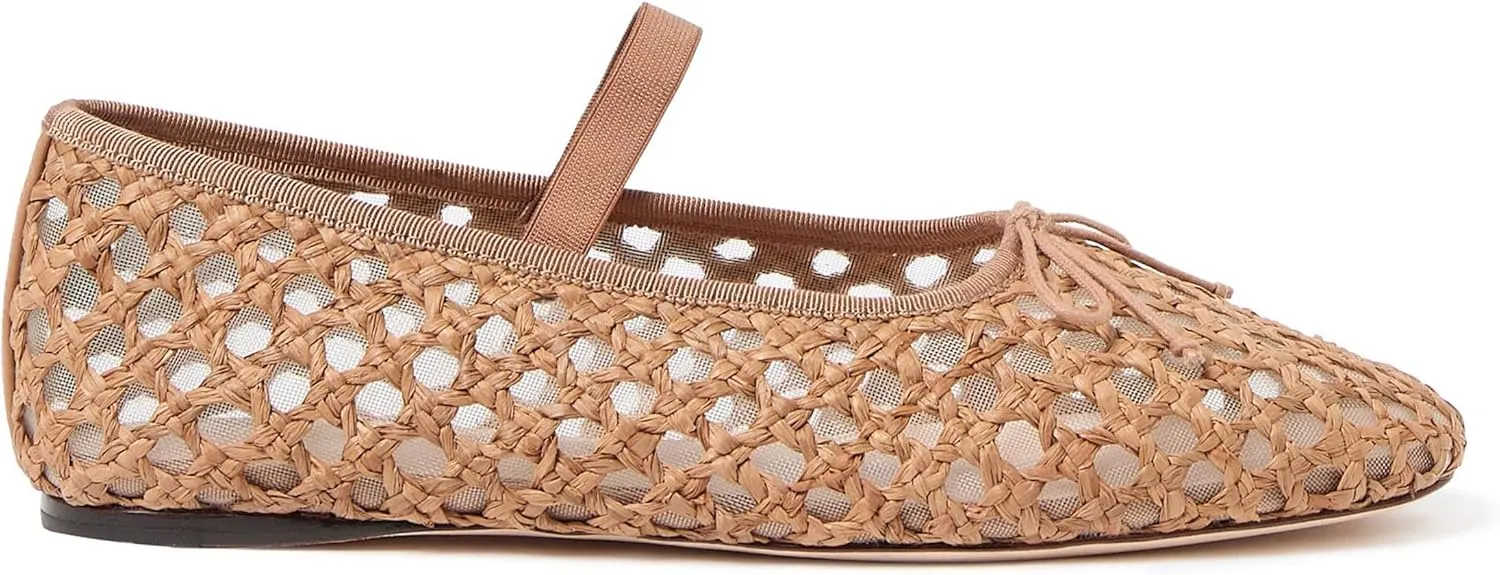 Arqa Women's Raffia Soft Ballet Flats Bow Tie Mesh Ballerina Shoes for Women Elastic Strap Braided Mary Jane Flat
