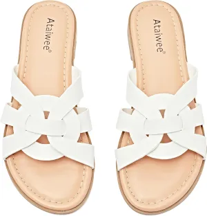 Ataiwee Women's Flat Slide Sandals - Ladies Casual Slip On Criss Cross Strap Summer Shoes.