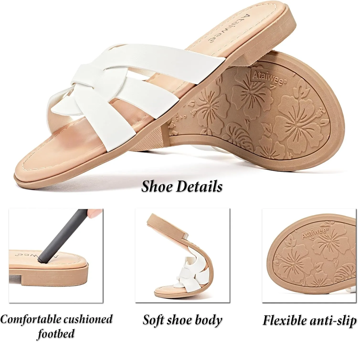 Ataiwee Women's Flat Slide Sandals - Ladies Casual Slip On Criss Cross Strap Summer Shoes.