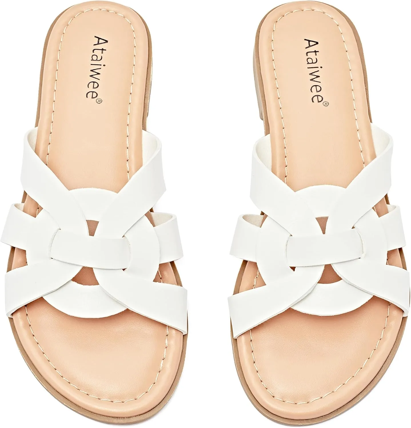 Ataiwee Women's Flat Slide Sandals - Ladies Casual Slip On Criss Cross Strap Summer Shoes.