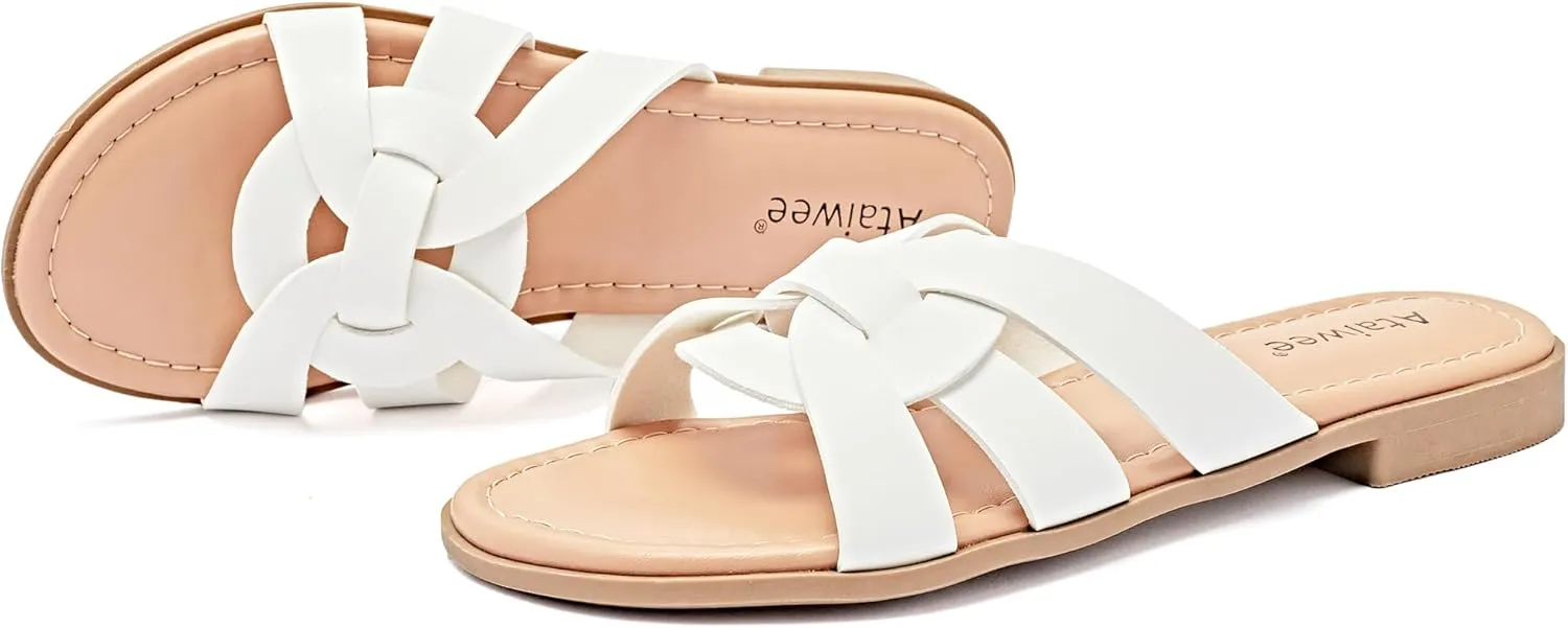 Ataiwee Women's Flat Slide Sandals - Ladies Casual Slip On Criss Cross Strap Summer Shoes.