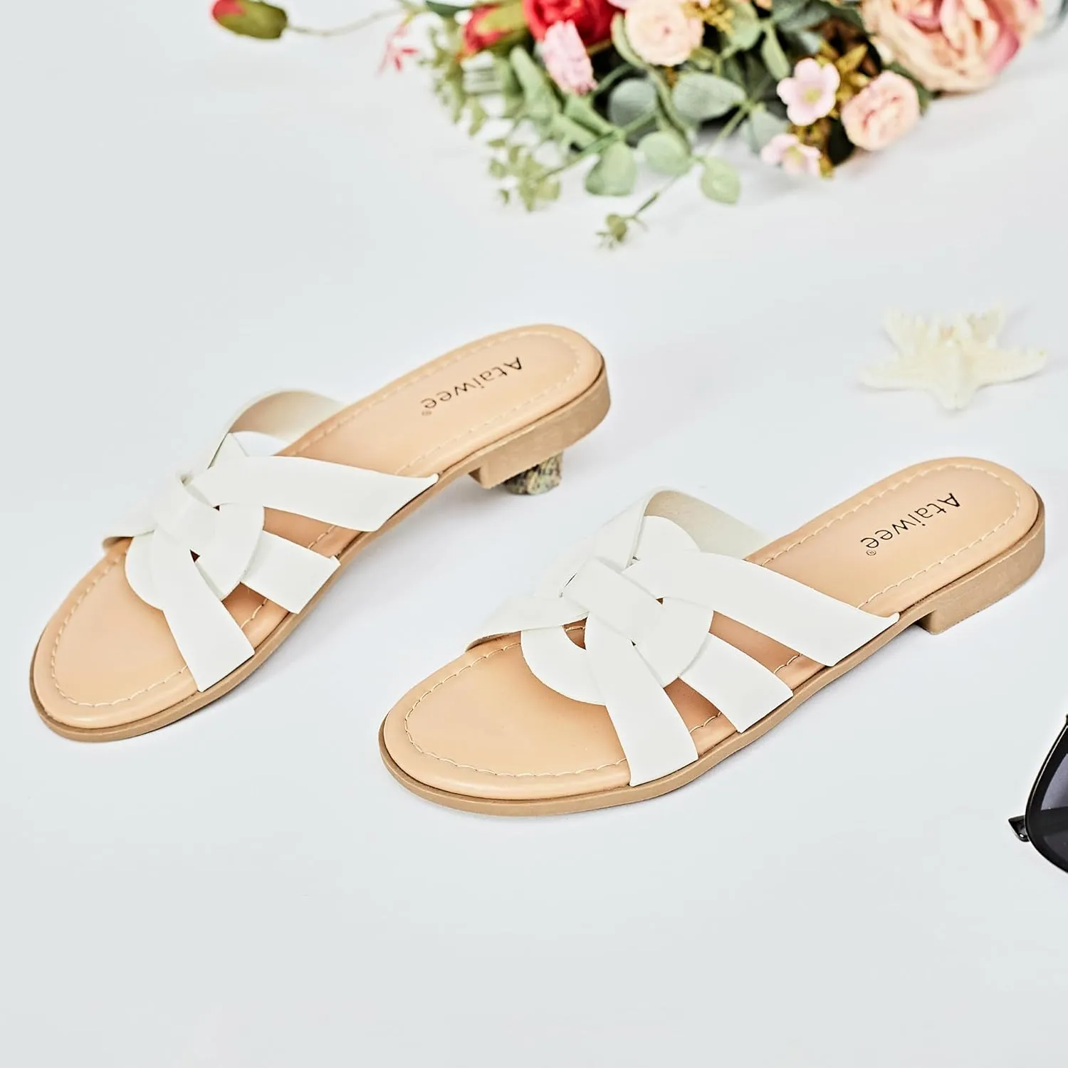 Ataiwee Women's Flat Slide Sandals - Ladies Casual Slip On Criss Cross Strap Summer Shoes.