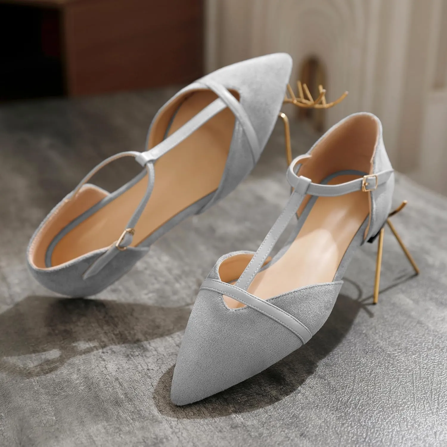 AUMOTED Women's Mary Jane Flat Pointed Toe Flats Low Heel D'Orsay Slip-on Pumps Casual Walking Shoes