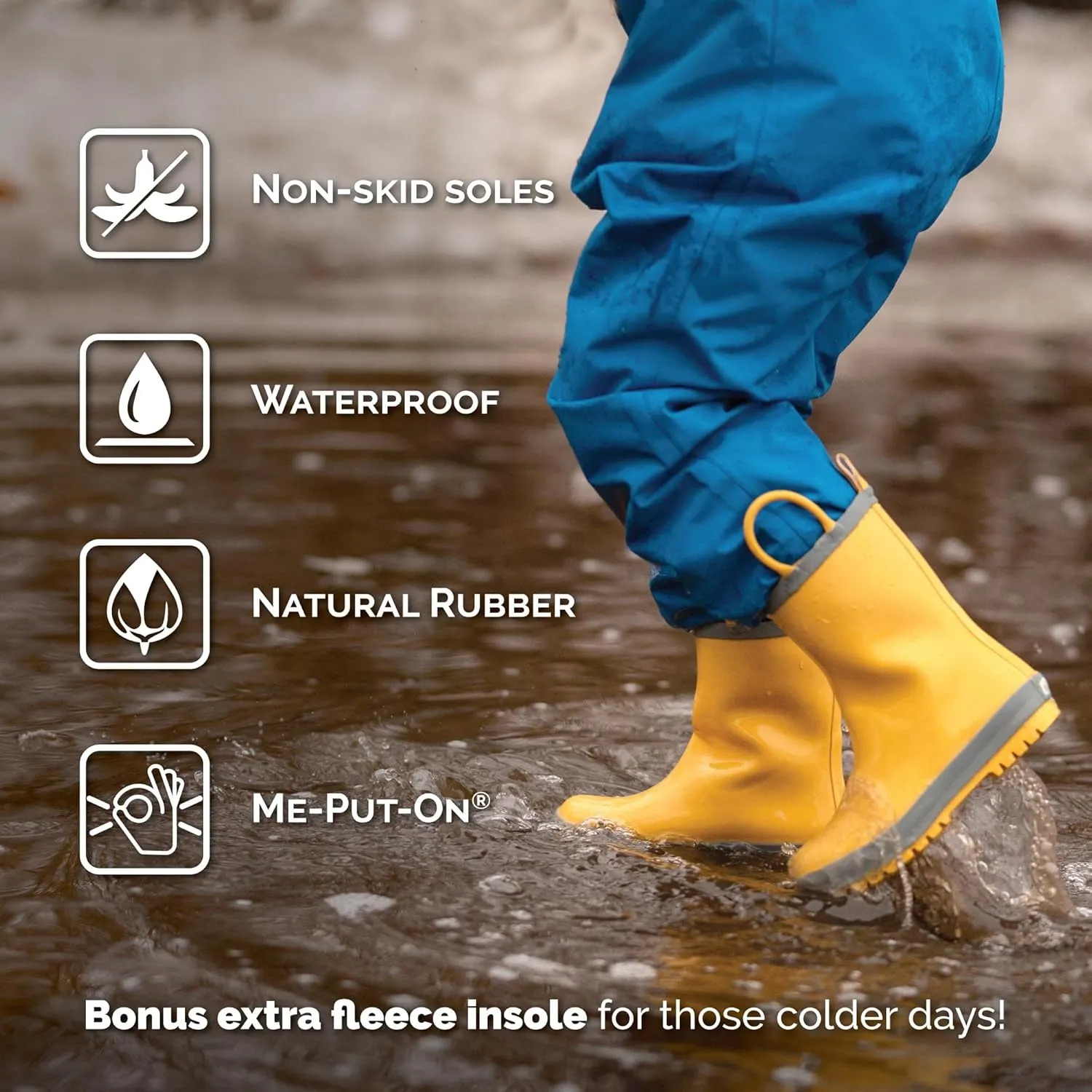 Baby Toddler Kids Natural Rubber Rain Boots Easy-on with Soft Cotton Lining for Girls Boys
