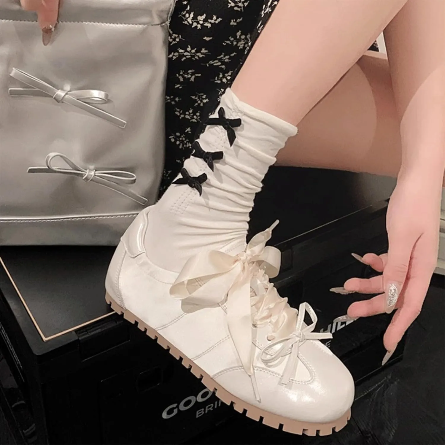 Ballet Sneakers for Woman Leather and Satin Trendy Ribbon Lace Up Ballerina Flats with Delicate Bow Fancy Cute Elegant Ballet Shoes 2025 Spring Summer