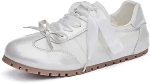Ballet Sneakers for Woman Leather and Satin Trendy Ribbon Lace Up Ballerina Flats with Delicate Bow Fancy Cute Elegant Ballet Shoes 2025 Spring Summer