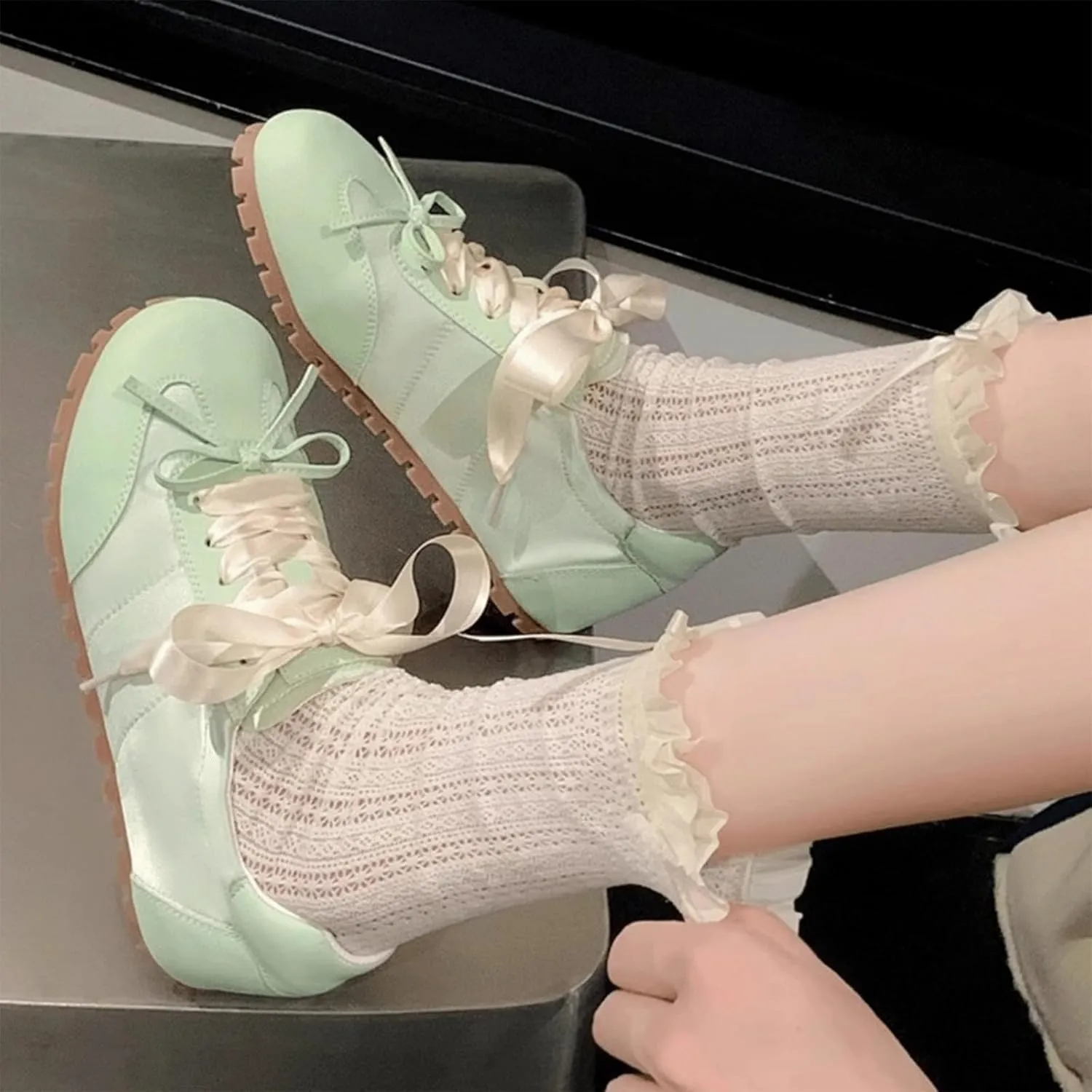 Ballet Sneakers for Woman Leather and Satin Trendy Ribbon Lace Up Ballerina Flats with Delicate Bow Fancy Cute Elegant Ballet Shoes 2025 Spring Summer