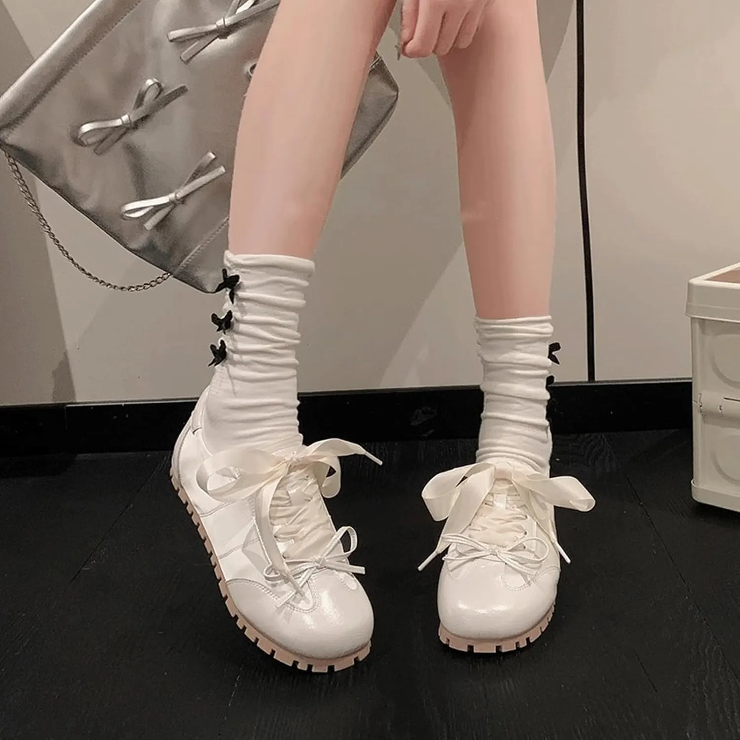 Ballet Sneakers for Woman Leather and Satin Trendy Ribbon Lace Up Ballerina Flats with Delicate Bow Fancy Cute Elegant Ballet Shoes 2025 Spring Summer