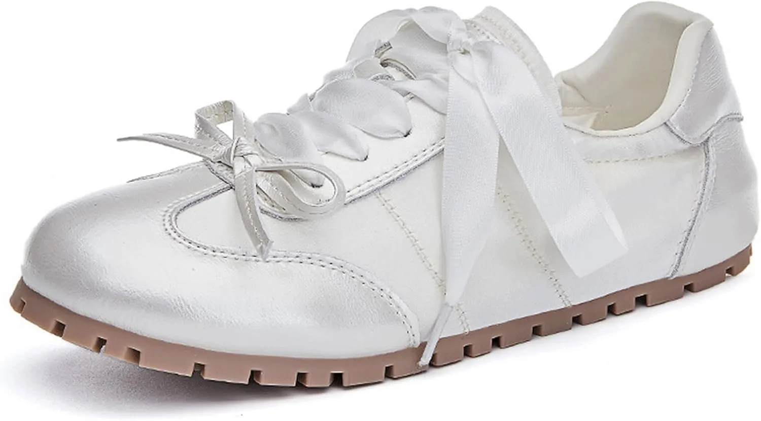 Ballet Sneakers for Woman Leather and Satin Trendy Ribbon Lace Up Ballerina Flats with Delicate Bow Fancy Cute Elegant Ballet Shoes 2025 Spring Summer