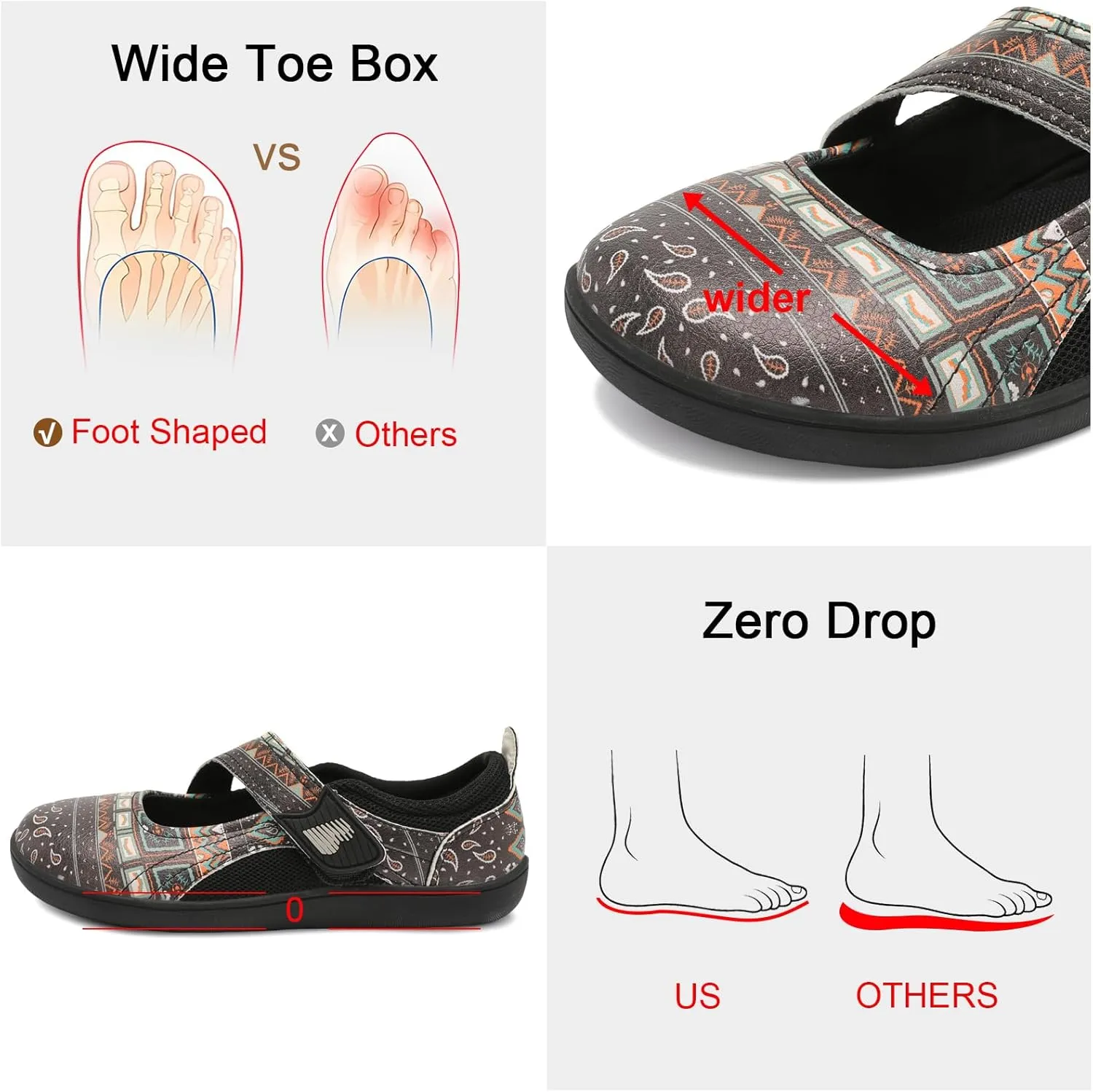 BARERUN Womens Walking Shoes Classic Mary Jane Flats Wide Toe Diabetic Shoes for Women Adjustable Breathable Lightweight Daily Barefoot Shoes