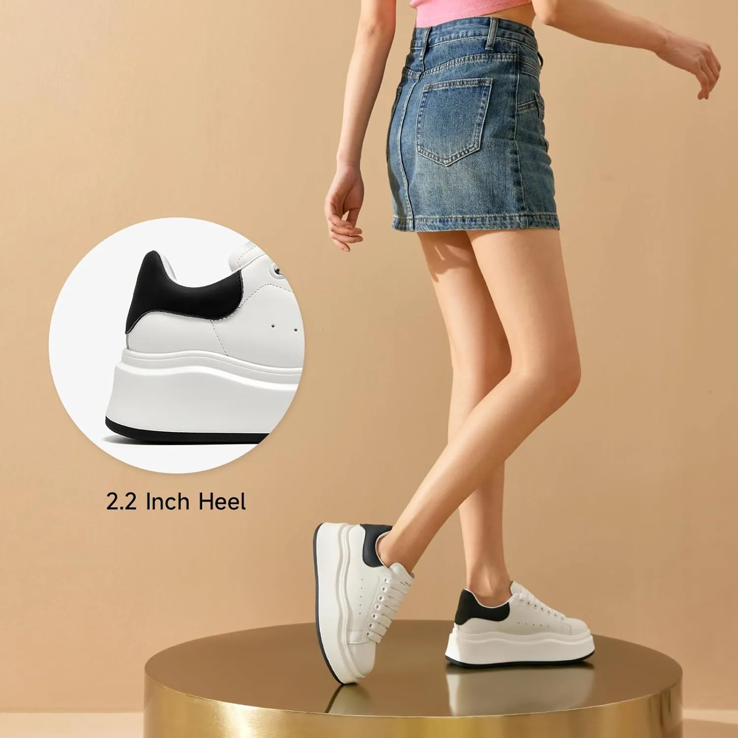 BEAU TODAY Platform White Sneakers for Women, Womens Leather Casual Tennis Shoes, Chunky Fashion Cute Comfortable Lace-up Slip-on Dress Sneakers