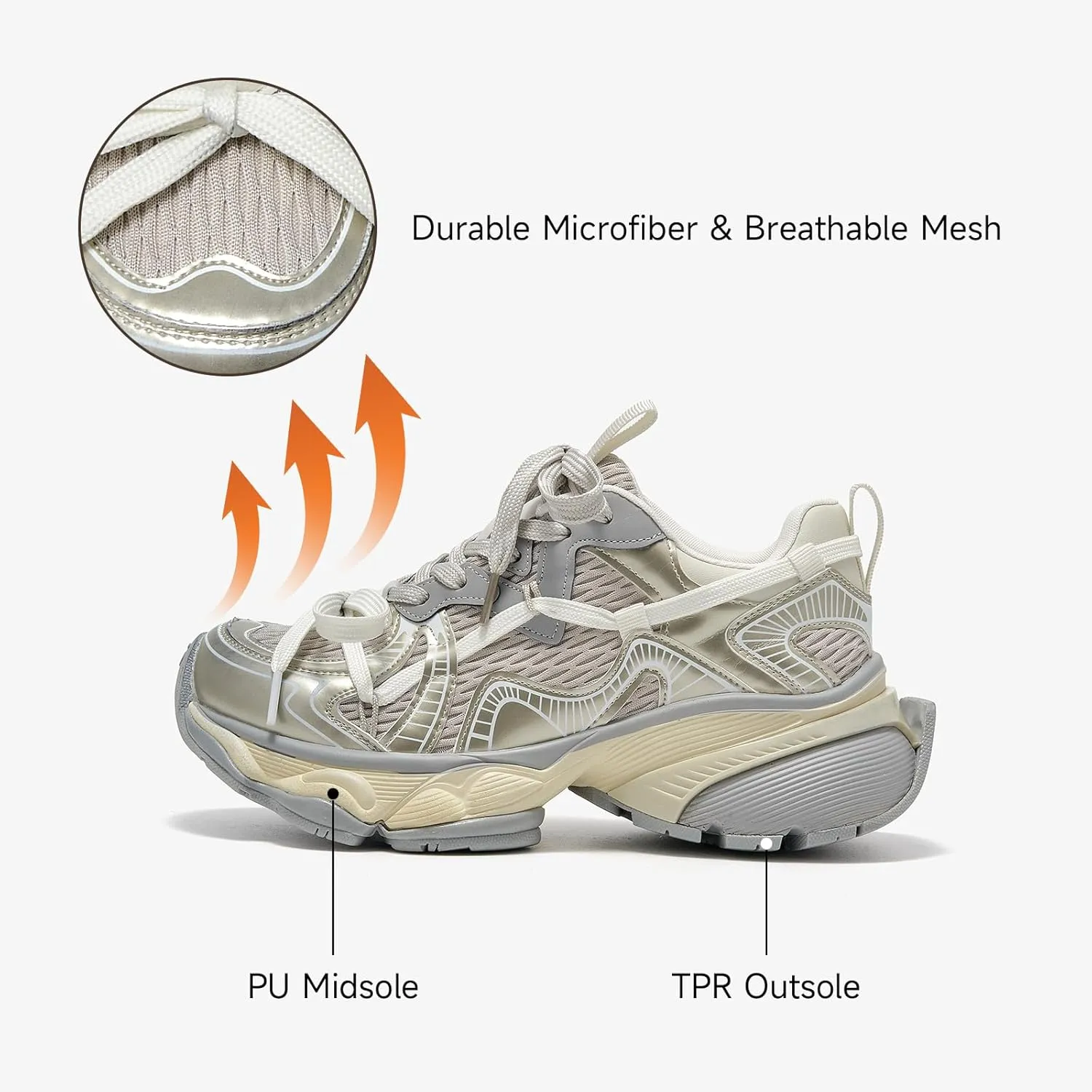 BEAU TODAY Womens Running Shoes, Chunky Fashion Sneakers for Women, Leather Walking Dad Shoes Platform Casual Dress Comfortable Non-Slip Lace-up Mesh Gym Shoes