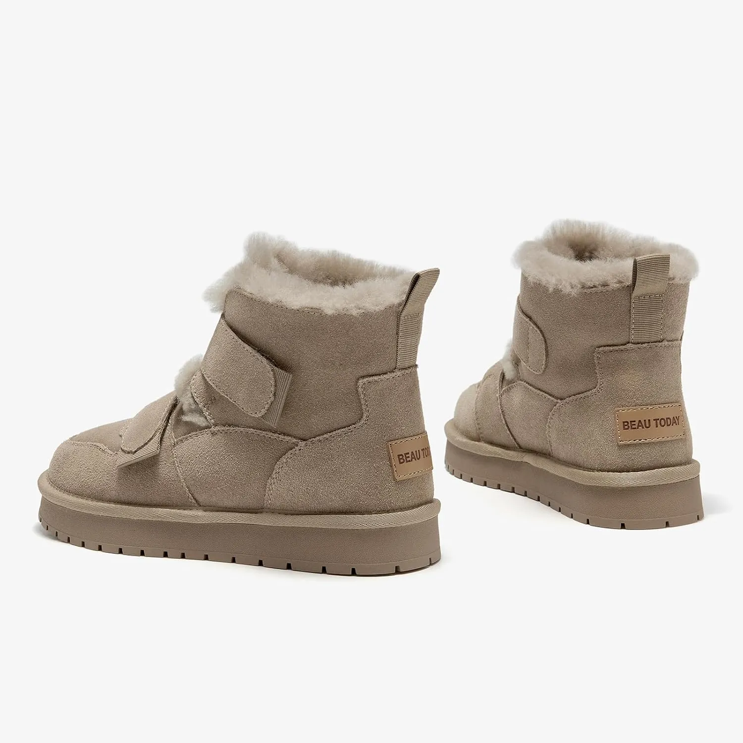 BEAU TODAY Women's Snow Boots, Platform Winter Mini Boots for Women, Genuine Suede Warm Faux Fur Lined Slip-0n Ankle Boots Comfortable Anti-slip Outdoor Short Booties