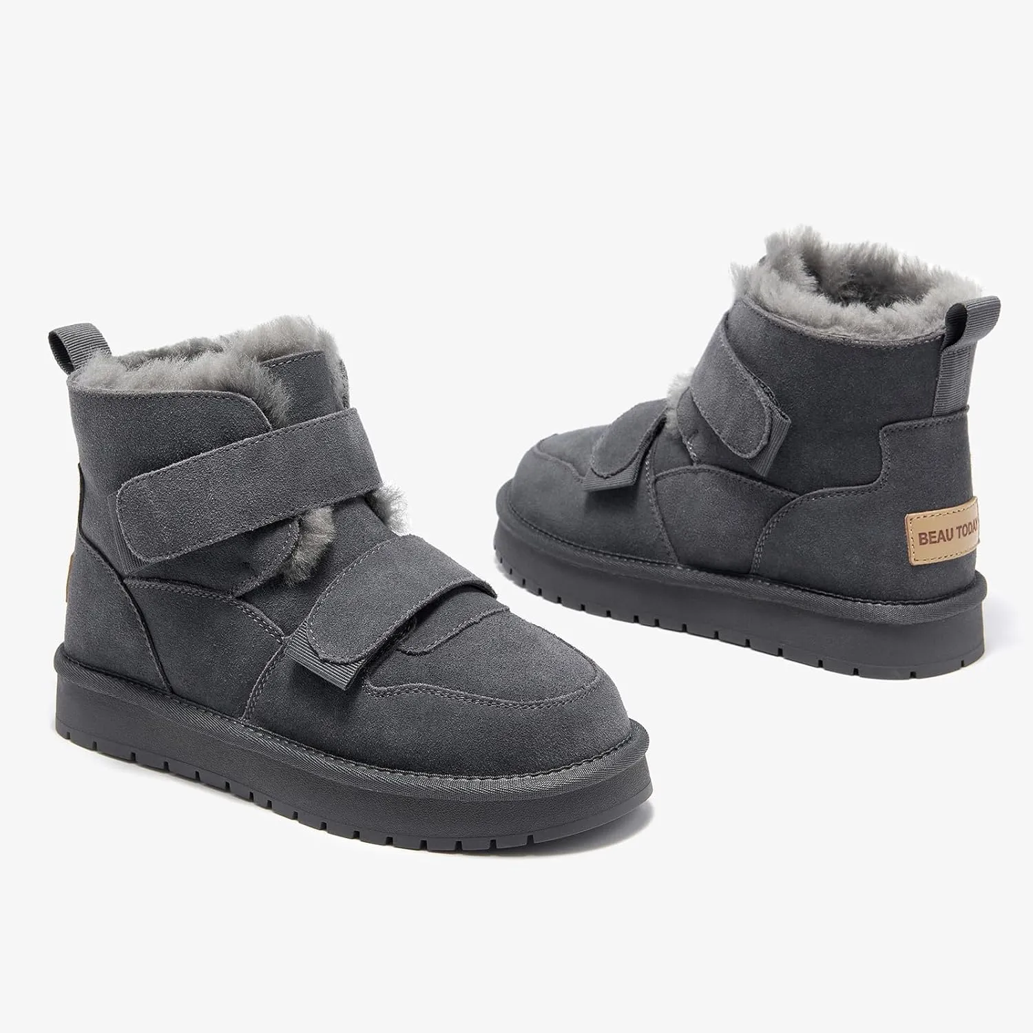BEAU TODAY Women's Snow Boots, Platform Winter Mini Boots for Women, Genuine Suede Warm Faux Fur Lined Slip-0n Ankle Boots Comfortable Anti-slip Outdoor Short Booties