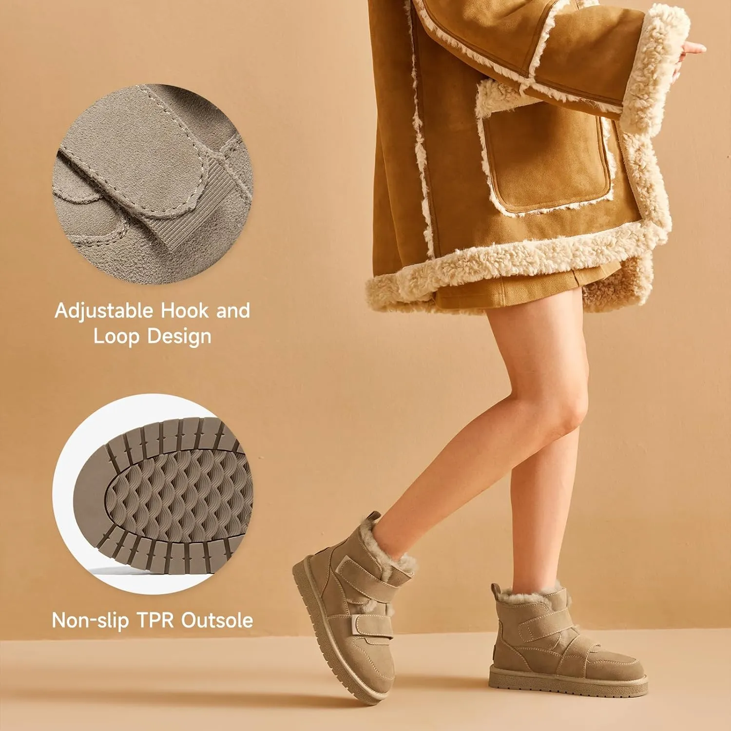 BEAU TODAY Women's Snow Boots, Platform Winter Mini Boots for Women, Genuine Suede Warm Faux Fur Lined Slip-0n Ankle Boots Comfortable Anti-slip Outdoor Short Booties