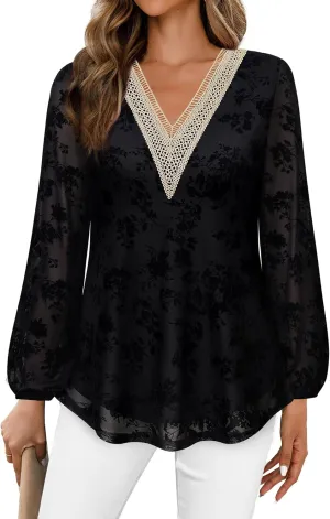 Bebonnie Women's Casual Long Sleeve Lace V Neck Double Layers Mesh Tunic Tops