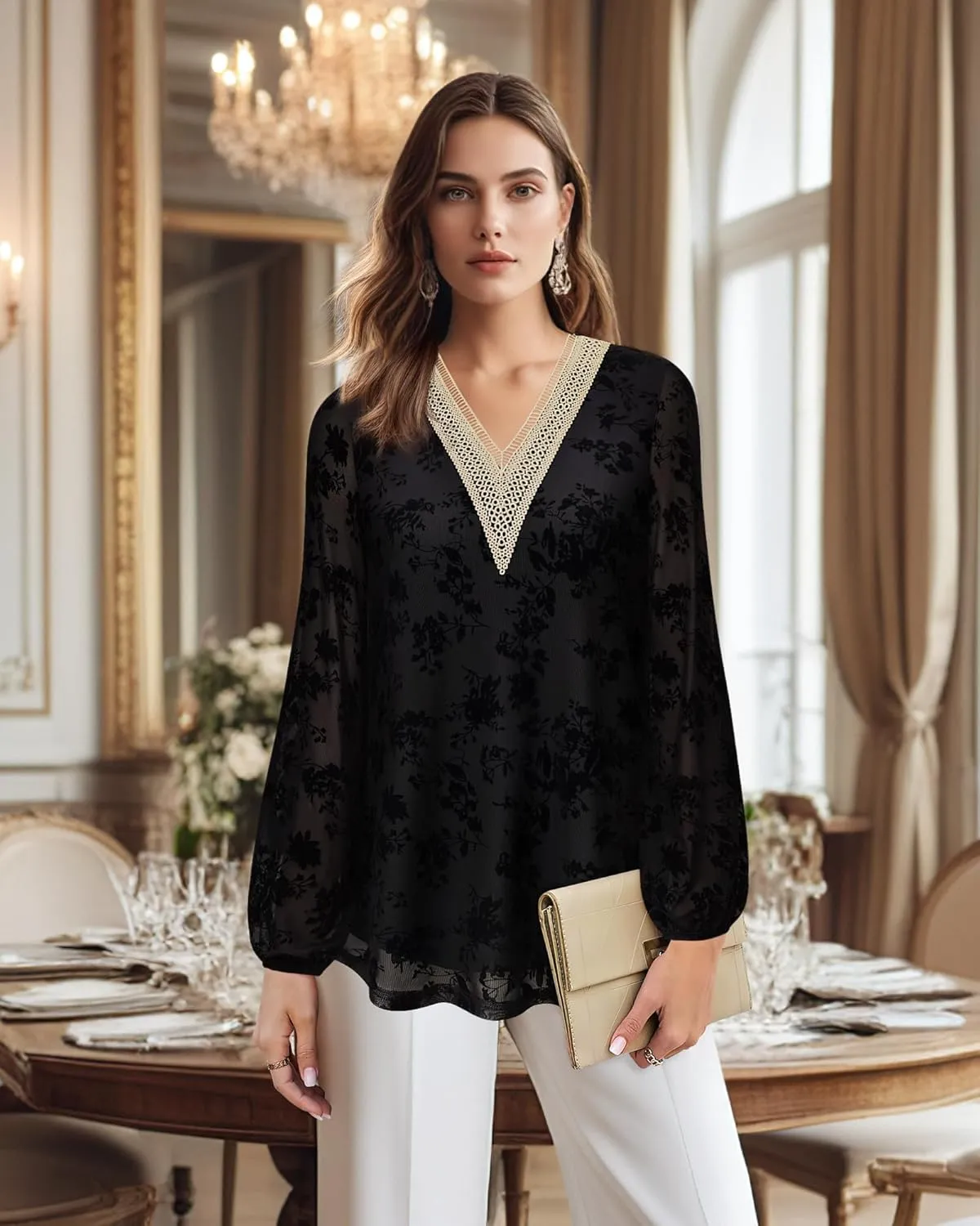 Bebonnie Women's Casual Long Sleeve Lace V Neck Double Layers Mesh Tunic Tops