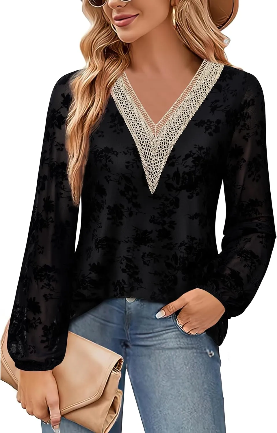 Bebonnie Women's Casual Long Sleeve Lace V Neck Double Layers Mesh Tunic Tops
