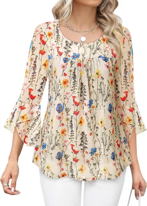 Bebonnie Women's Ruffle 3/4 Sleeve Elegant Dressy Blouses Crew Neck Double Layers Mesh Tunic Tops