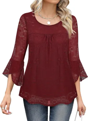 Bebonnie Women's Ruffle 3/4 Sleeve Elegant Dressy Blouses Crew Neck Double Layers Mesh Tunic Tops