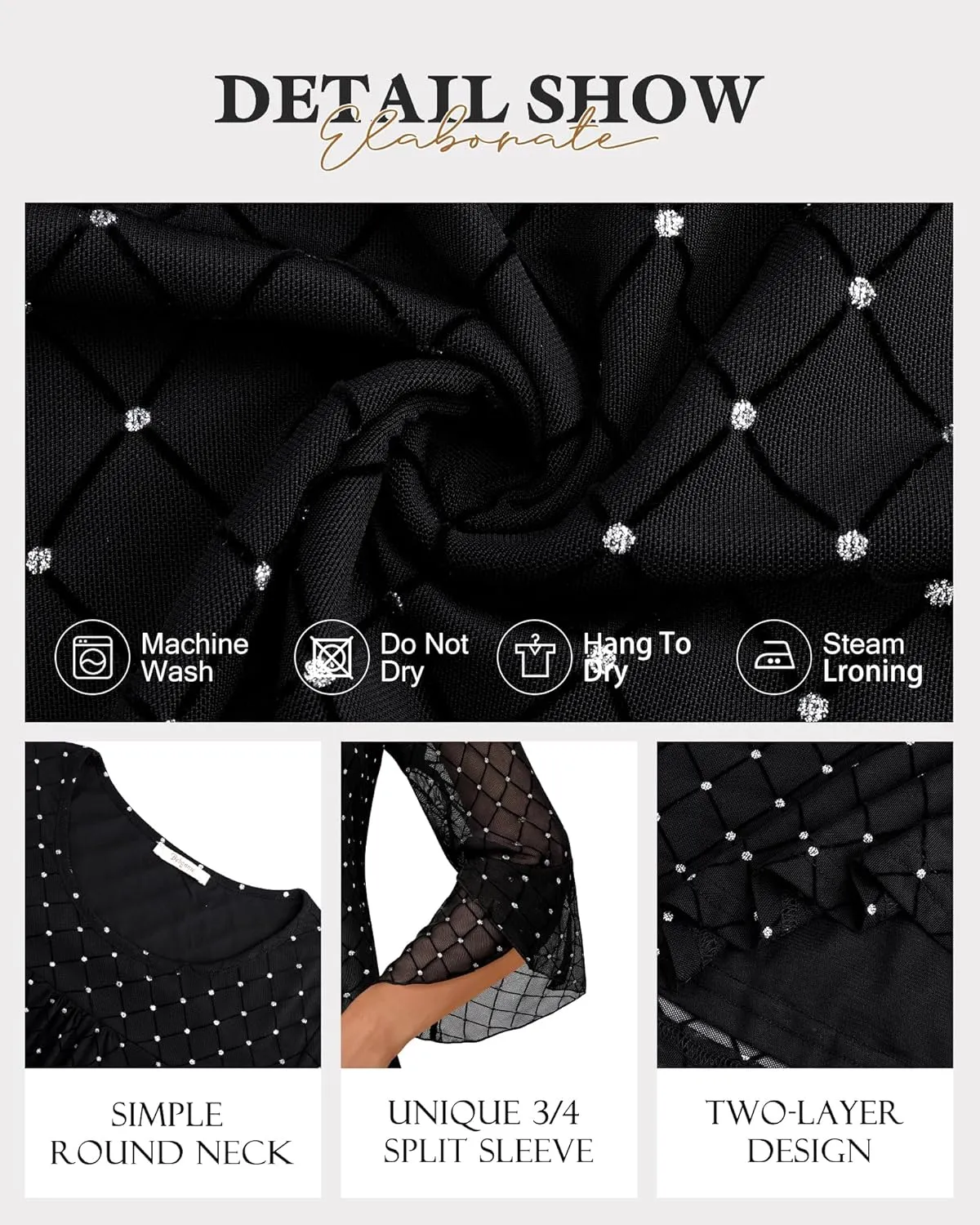 Bebonnie Women's Ruffle 3/4 Sleeve Elegant Dressy Blouses Crew Neck Double Layers Mesh Tunic Tops
