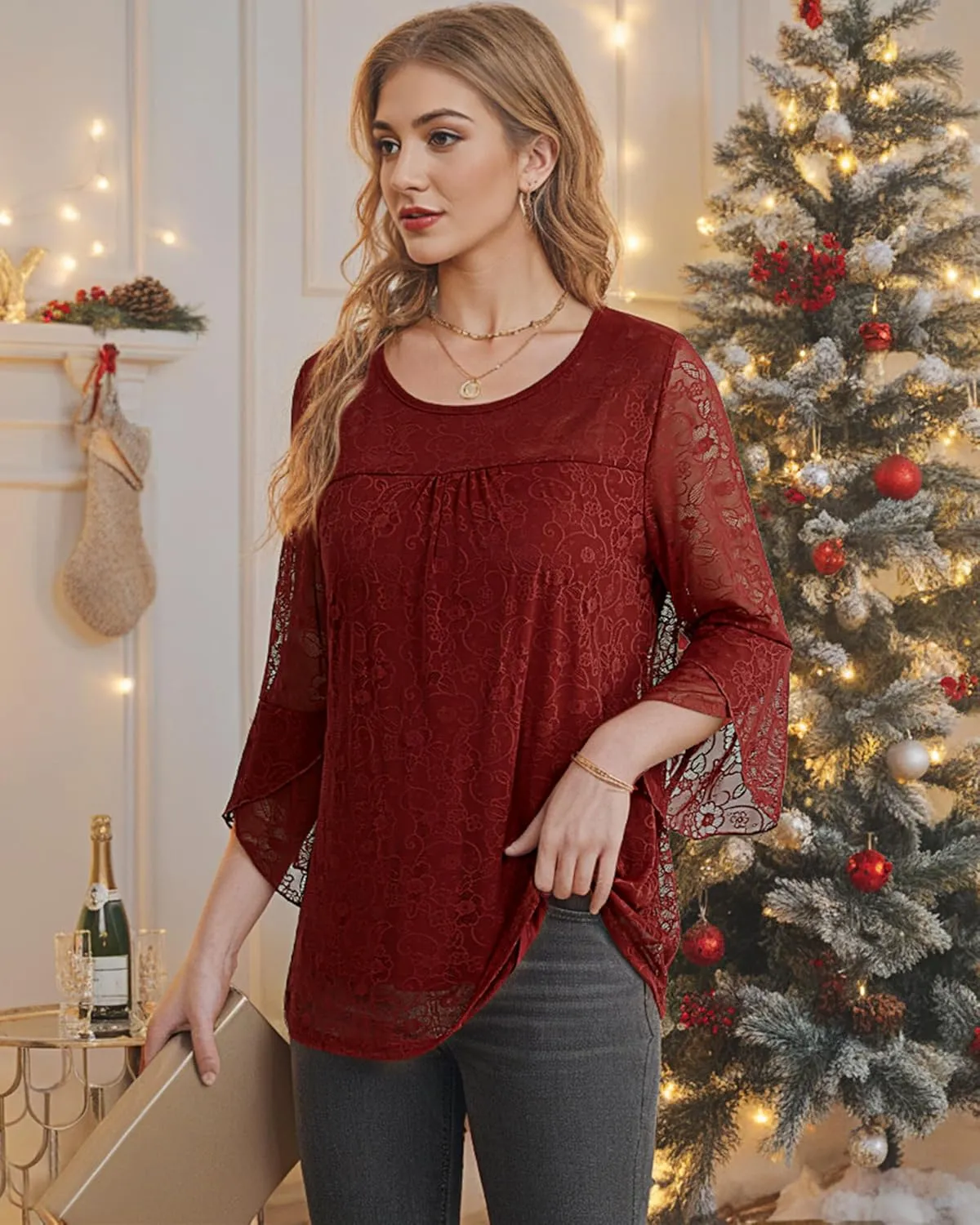 Bebonnie Women's Ruffle 3/4 Sleeve Elegant Dressy Blouses Crew Neck Double Layers Mesh Tunic Tops