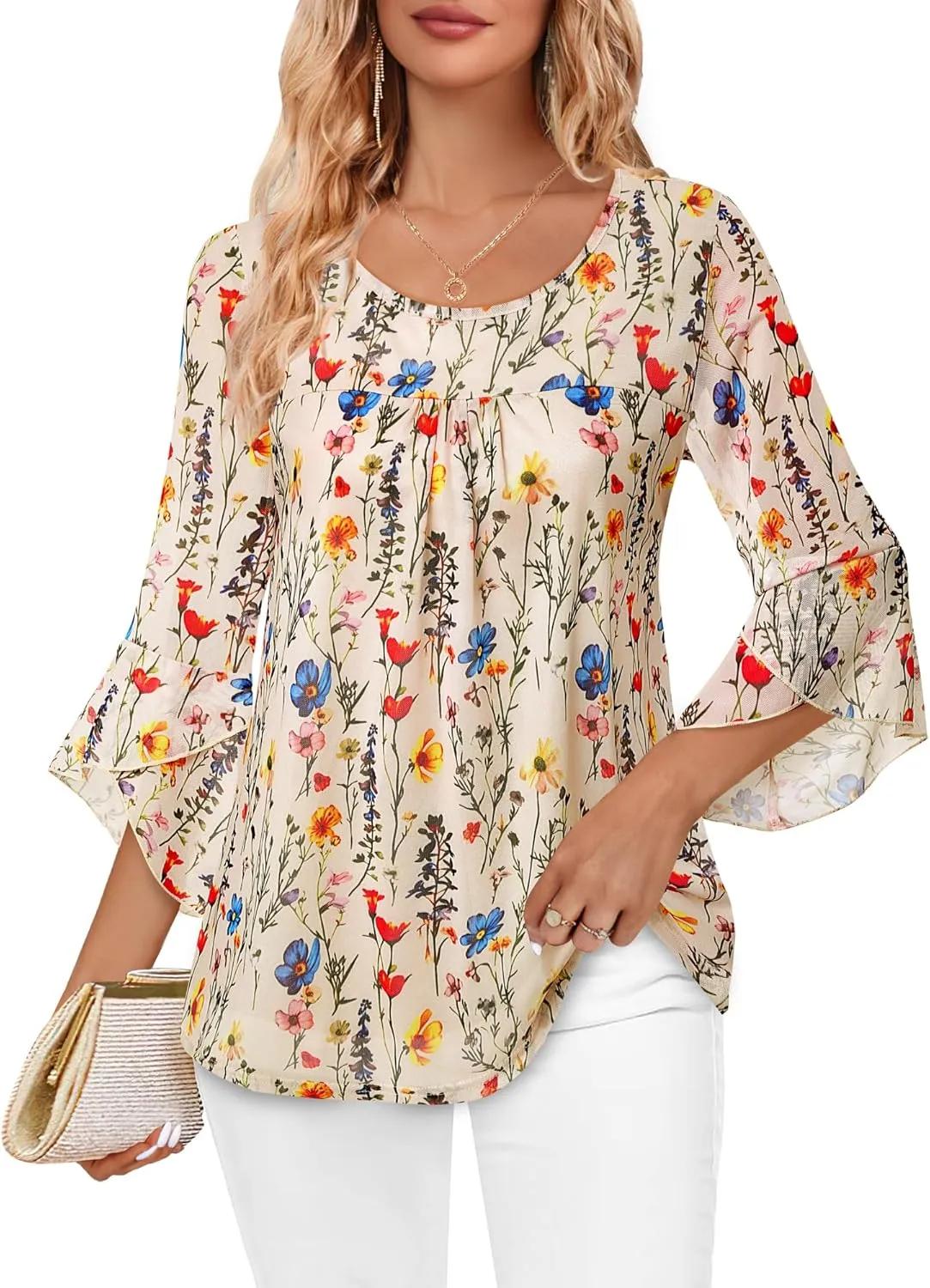 Bebonnie Women's Ruffle 3/4 Sleeve Elegant Dressy Blouses Crew Neck Double Layers Mesh Tunic Tops