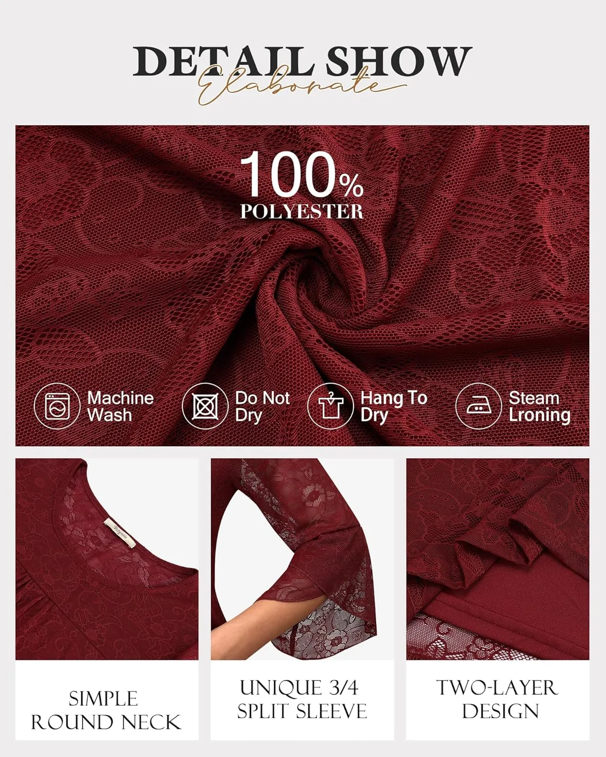 Bebonnie Women's Ruffle 3/4 Sleeve Elegant Dressy Blouses Crew Neck Double Layers Mesh Tunic Tops