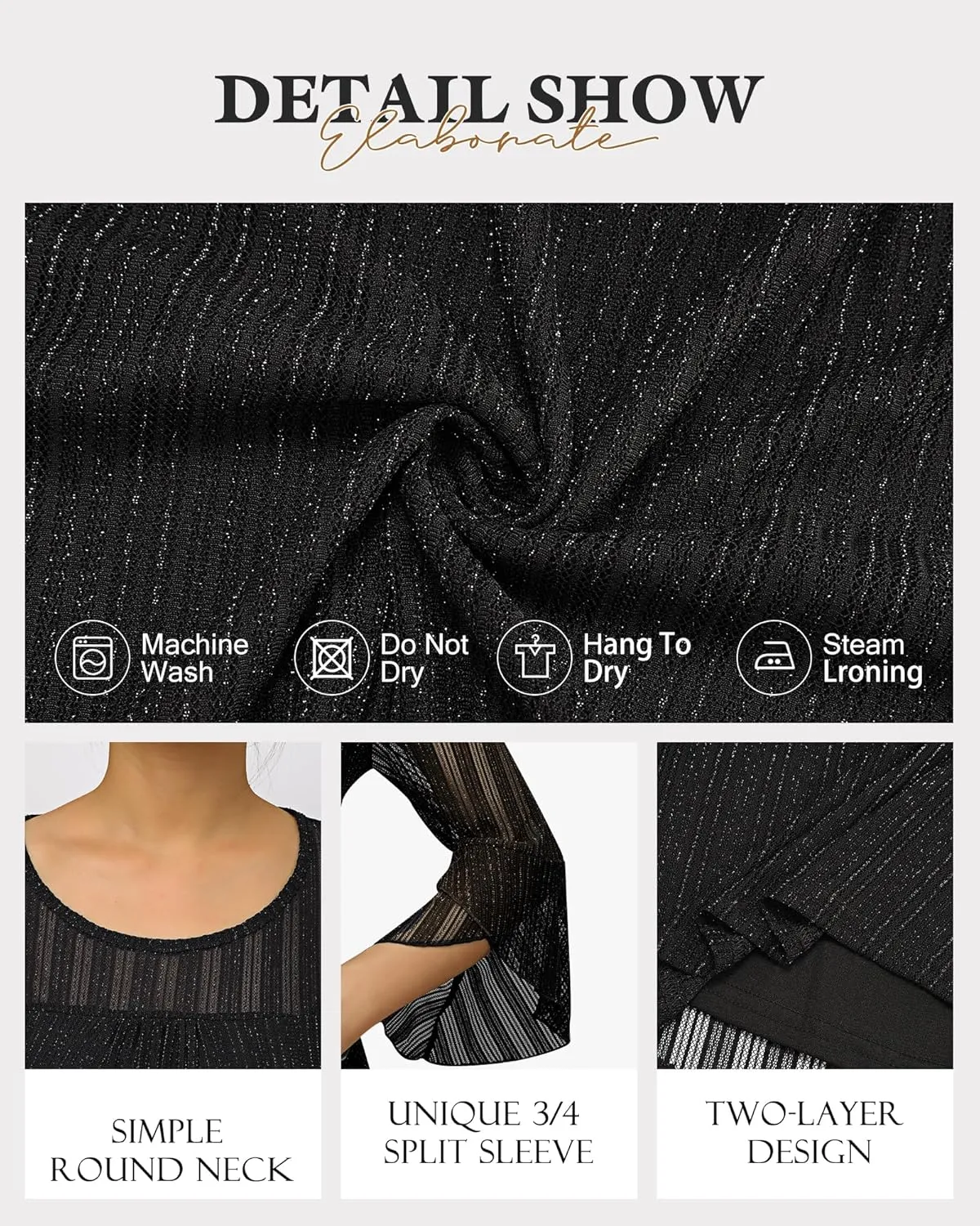 Bebonnie Women's Ruffle 3/4 Sleeve Elegant Dressy Blouses Crew Neck Double Layers Mesh Tunic Tops