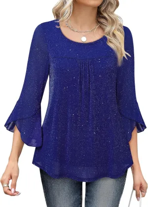Bebonnie Women's Ruffle 3/4 Sleeve Elegant Dressy Blouses Crew Neck Double Layers Mesh Tunic Tops
