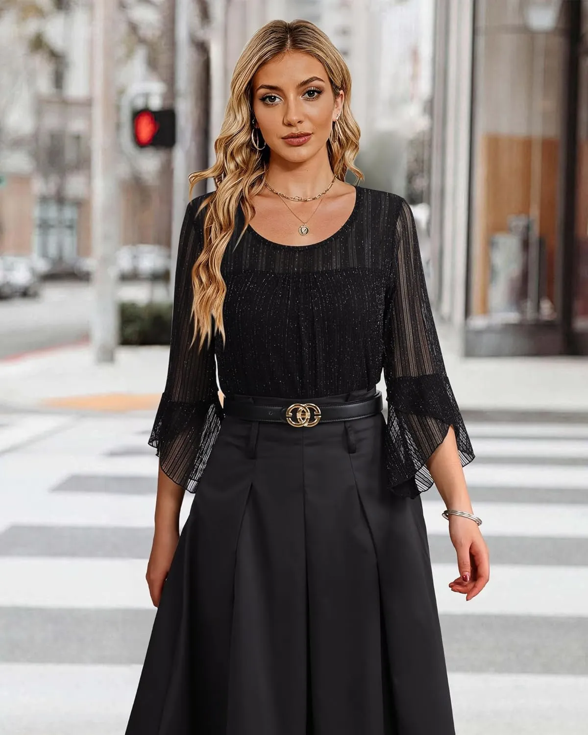 Bebonnie Women's Ruffle 3/4 Sleeve Elegant Dressy Blouses Crew Neck Double Layers Mesh Tunic Tops