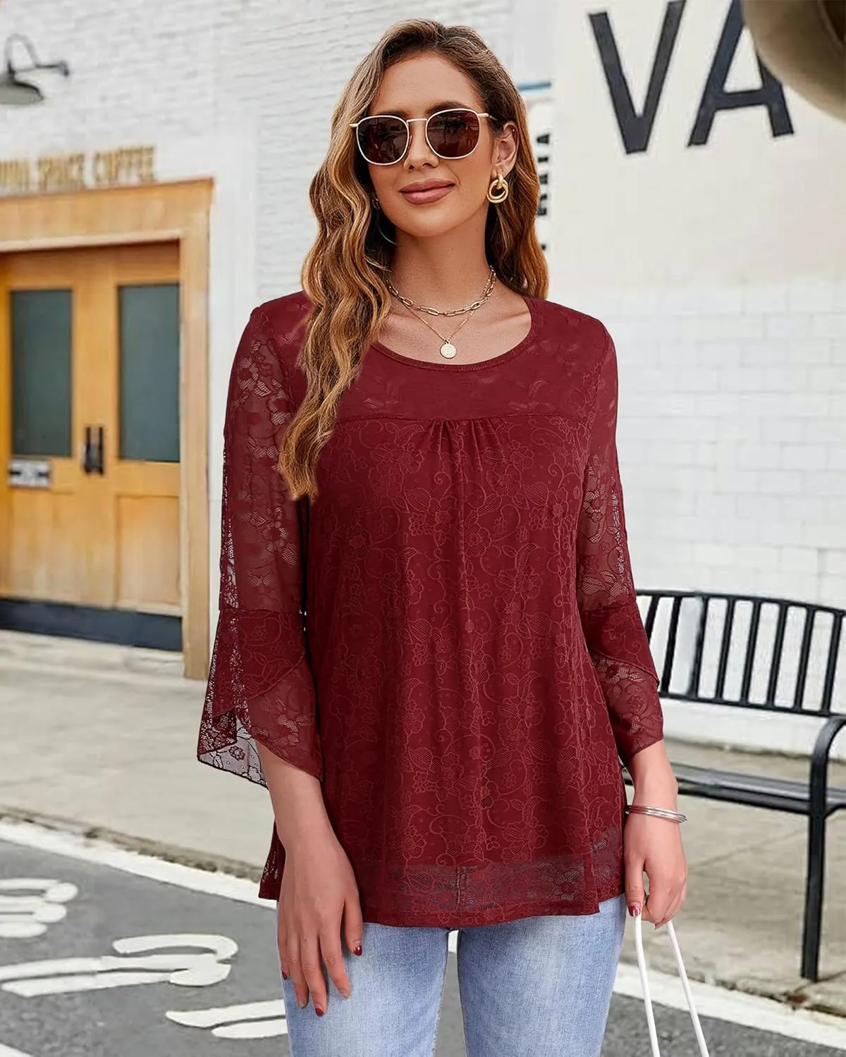Bebonnie Women's Ruffle 3/4 Sleeve Elegant Dressy Blouses Crew Neck Double Layers Mesh Tunic Tops