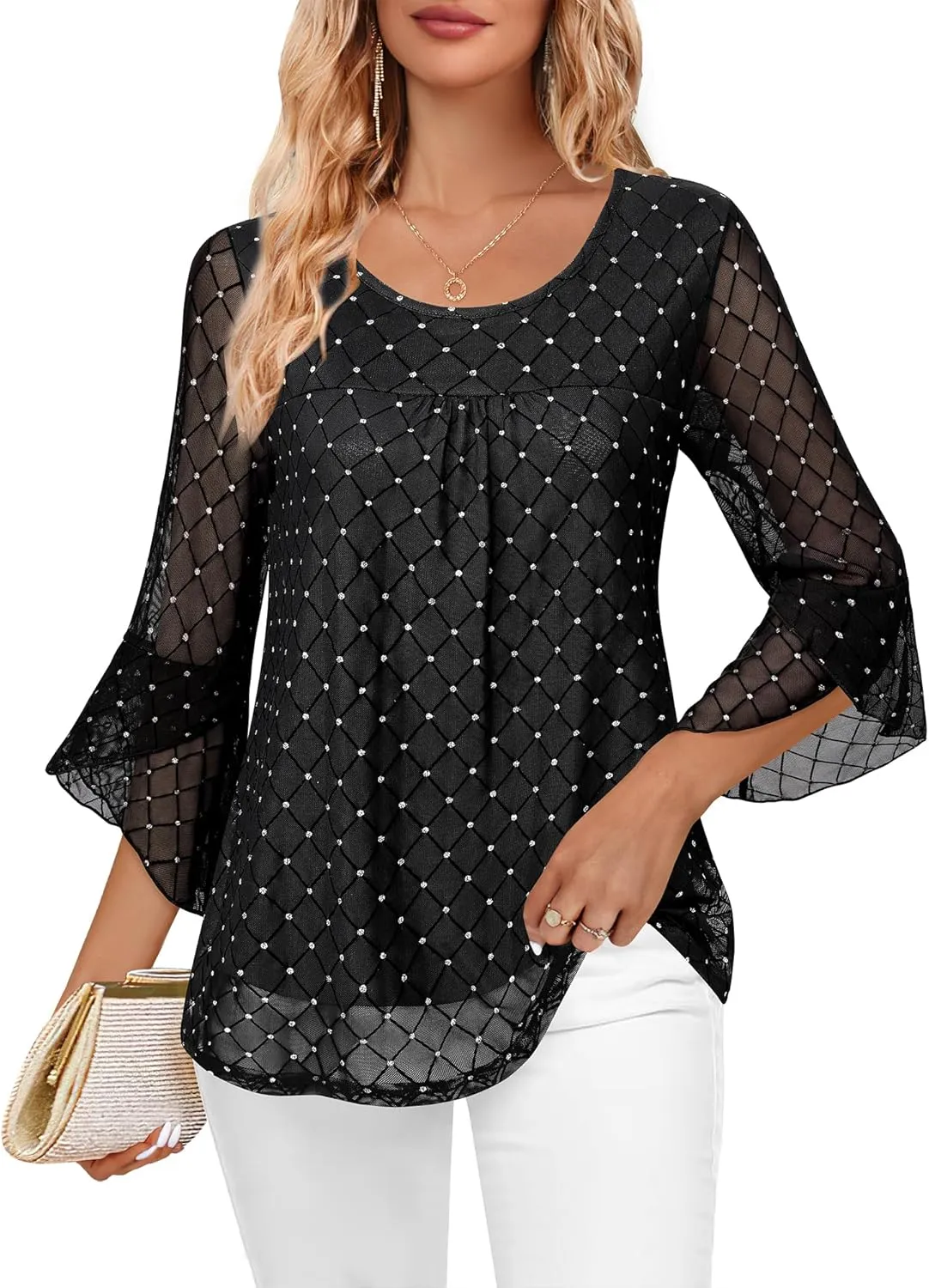Bebonnie Women's Ruffle 3/4 Sleeve Elegant Dressy Blouses Crew Neck Double Layers Mesh Tunic Tops