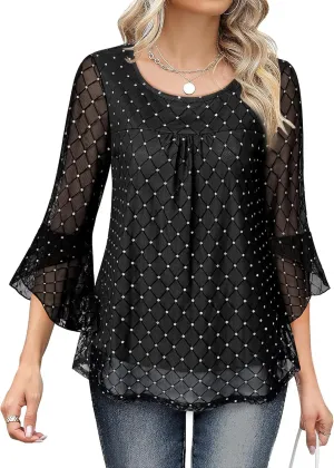 Bebonnie Women's Ruffle 3/4 Sleeve Elegant Dressy Blouses Crew Neck Double Layers Mesh Tunic Tops