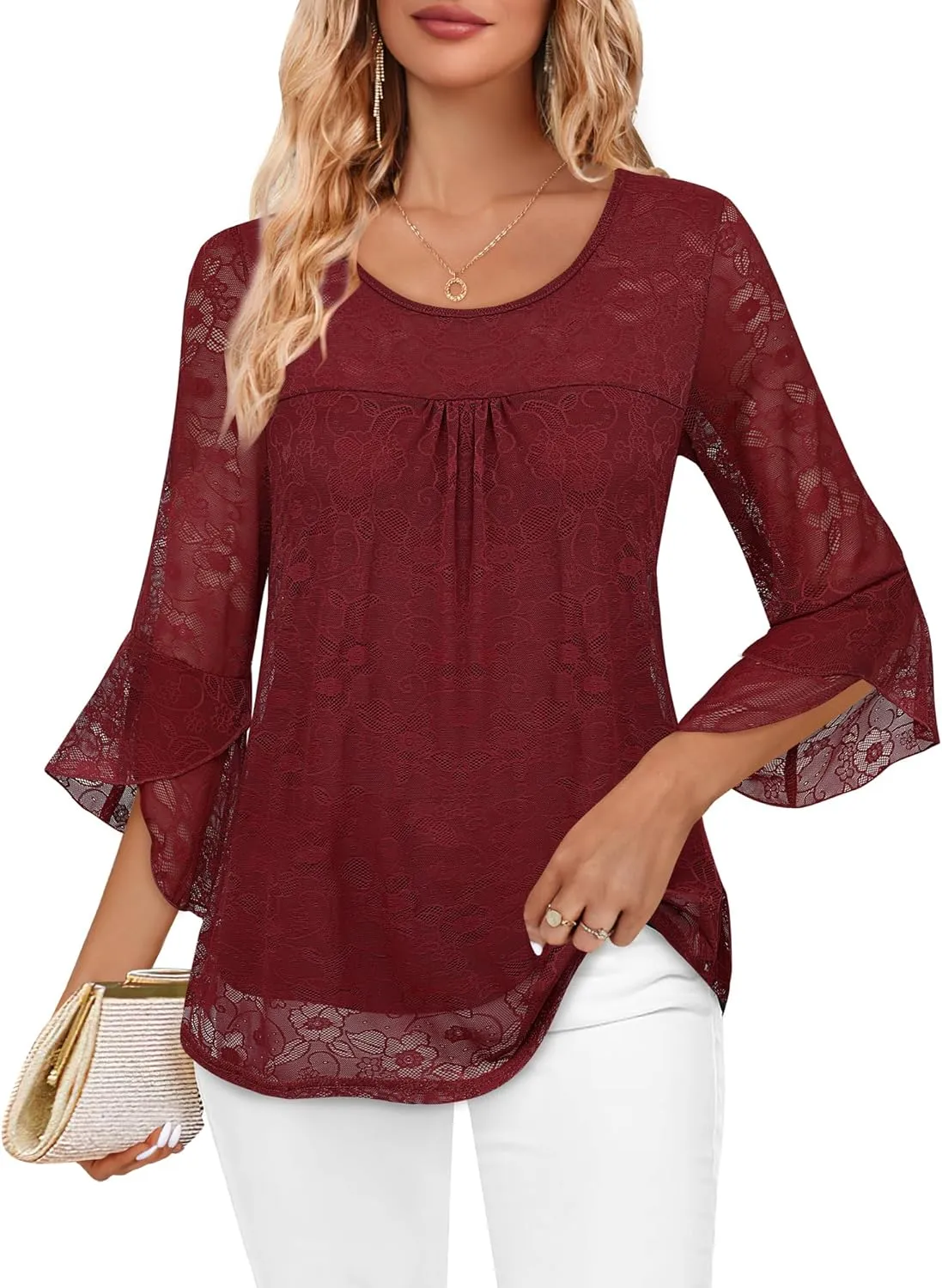 Bebonnie Women's Ruffle 3/4 Sleeve Elegant Dressy Blouses Crew Neck Double Layers Mesh Tunic Tops