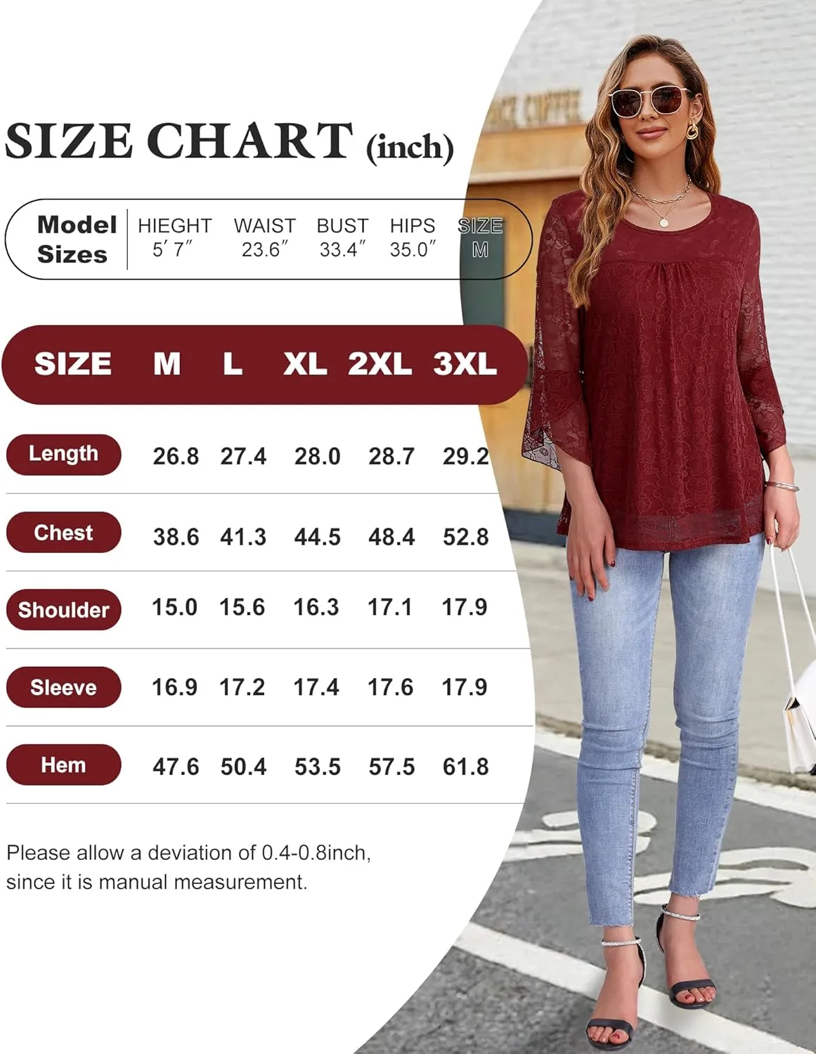 Bebonnie Women's Ruffle 3/4 Sleeve Elegant Dressy Blouses Crew Neck Double Layers Mesh Tunic Tops