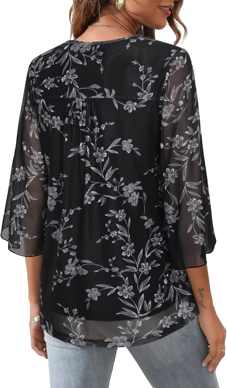 Bebonnie Womens Ruffle 3/4 Sleeve V Neck Double Layers Mesh Blouses Loose Fit Flowy Tunic Tops