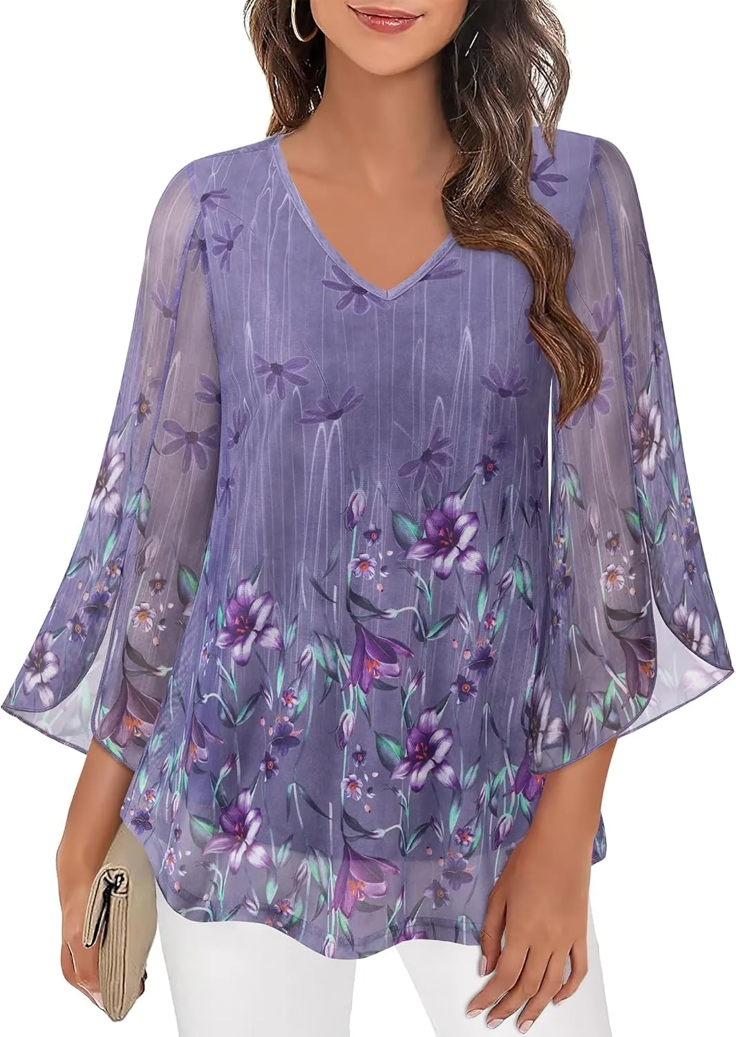 Bebonnie Womens Ruffle 3/4 Sleeve V Neck Double Layers Mesh Blouses Loose Fit Flowy Tunic Tops