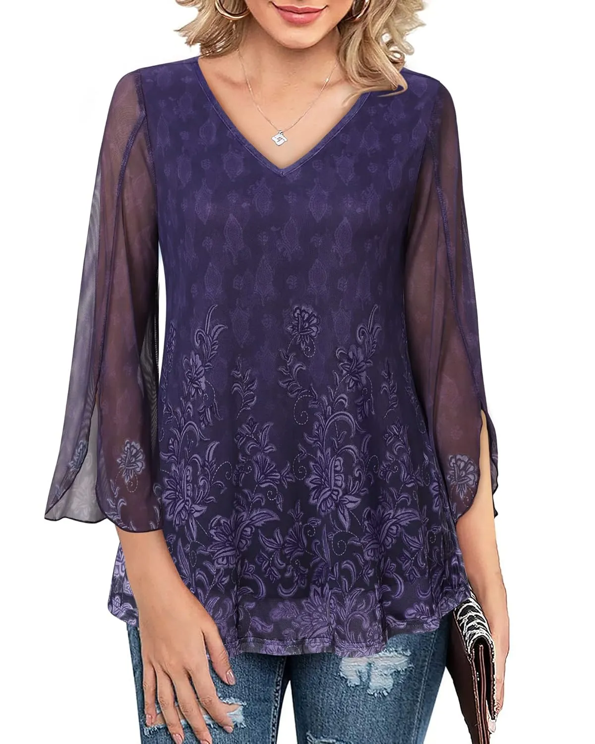 Bebonnie Womens Ruffle 3/4 Sleeve V Neck Double Layers Mesh Blouses Loose Fit Flowy Tunic Tops