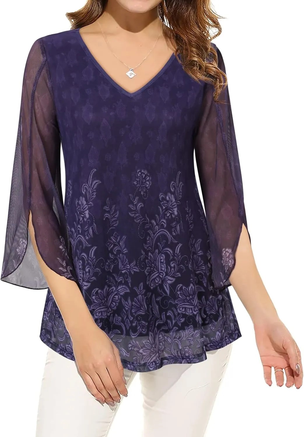 Bebonnie Womens Ruffle 3/4 Sleeve V Neck Double Layers Mesh Blouses Loose Fit Flowy Tunic Tops