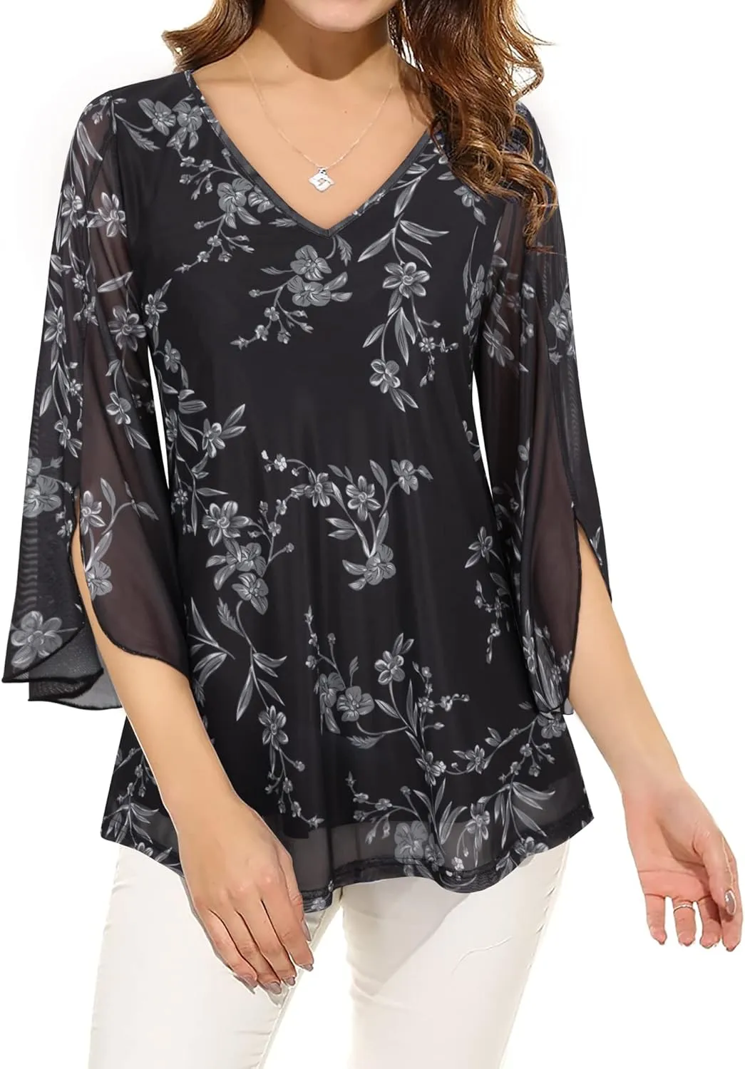 Bebonnie Womens Ruffle 3/4 Sleeve V Neck Double Layers Mesh Blouses Loose Fit Flowy Tunic Tops