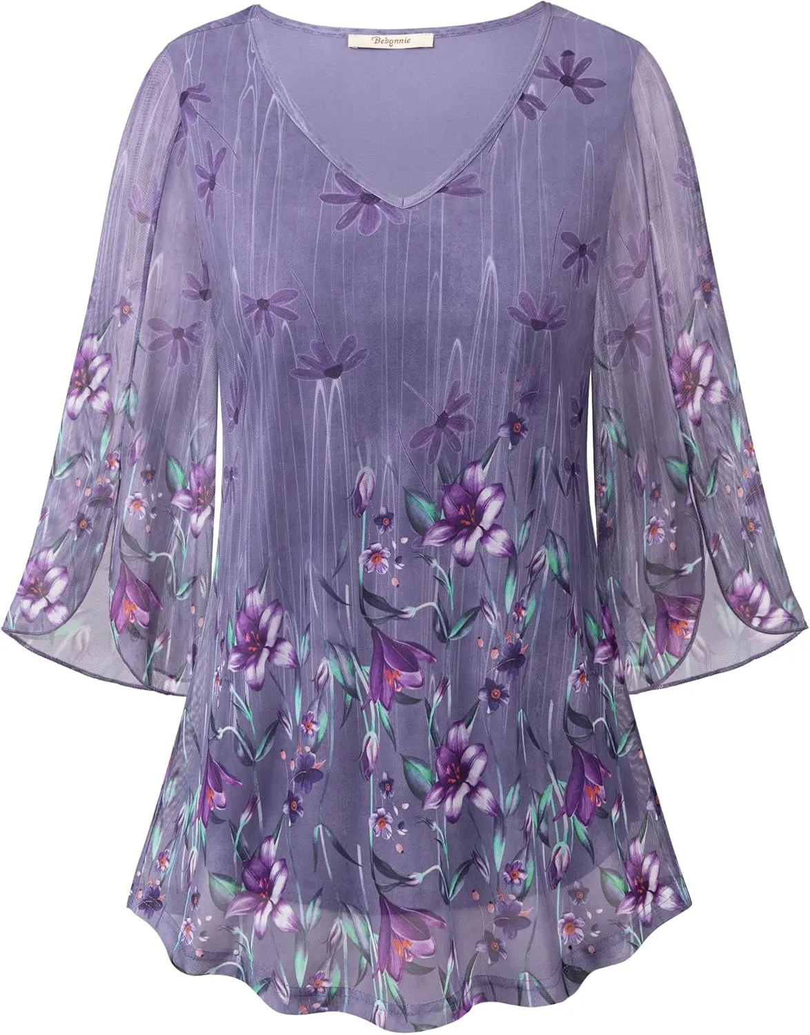 Bebonnie Womens Ruffle 3/4 Sleeve V Neck Double Layers Mesh Blouses Loose Fit Flowy Tunic Tops