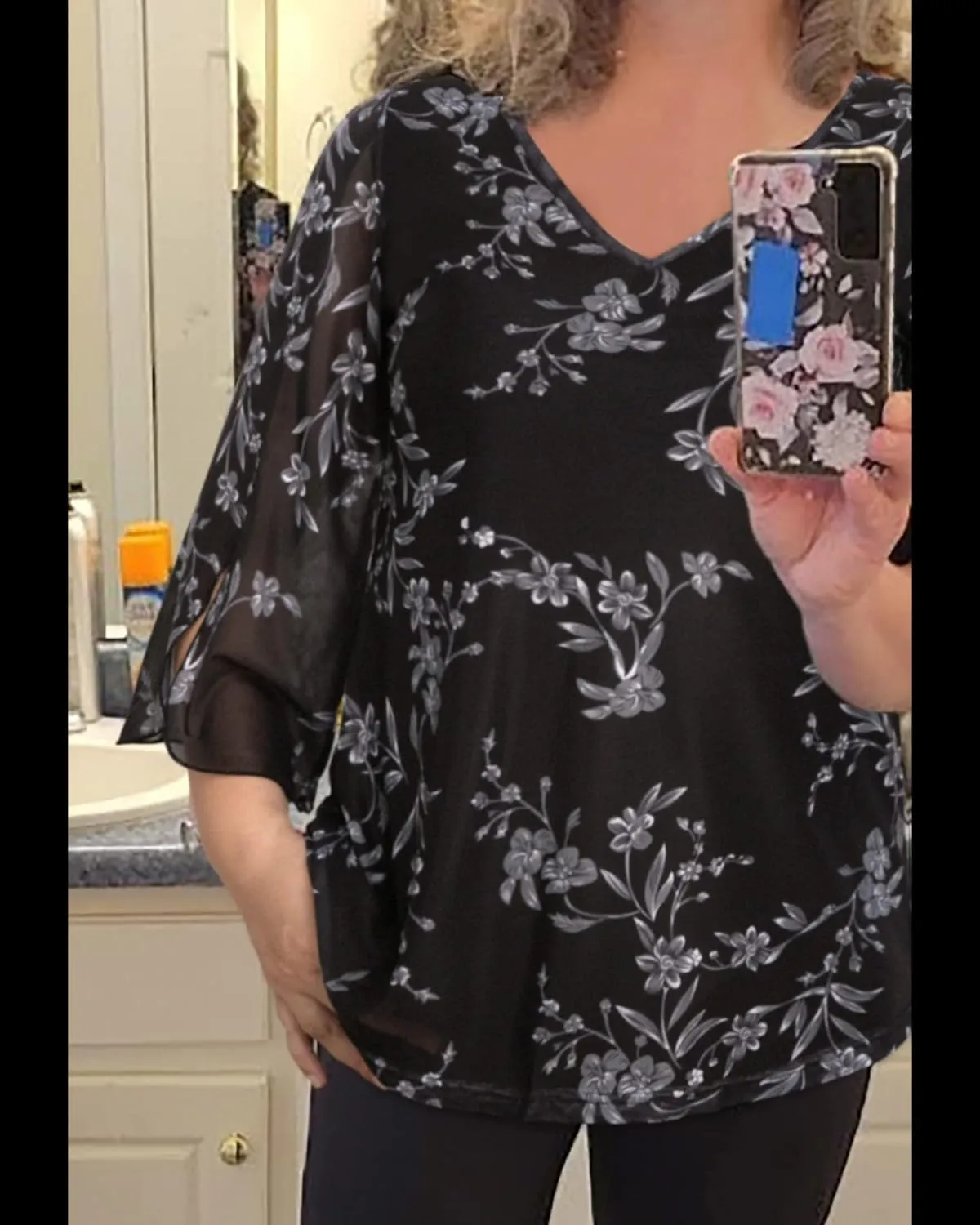 Bebonnie Womens Ruffle 3/4 Sleeve V Neck Double Layers Mesh Blouses Loose Fit Flowy Tunic Tops
