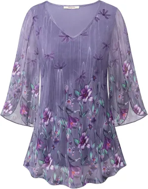 Bebonnie Womens Ruffle 3/4 Sleeve V Neck Double Layers Mesh Blouses Loose Fit Flowy Tunic Tops