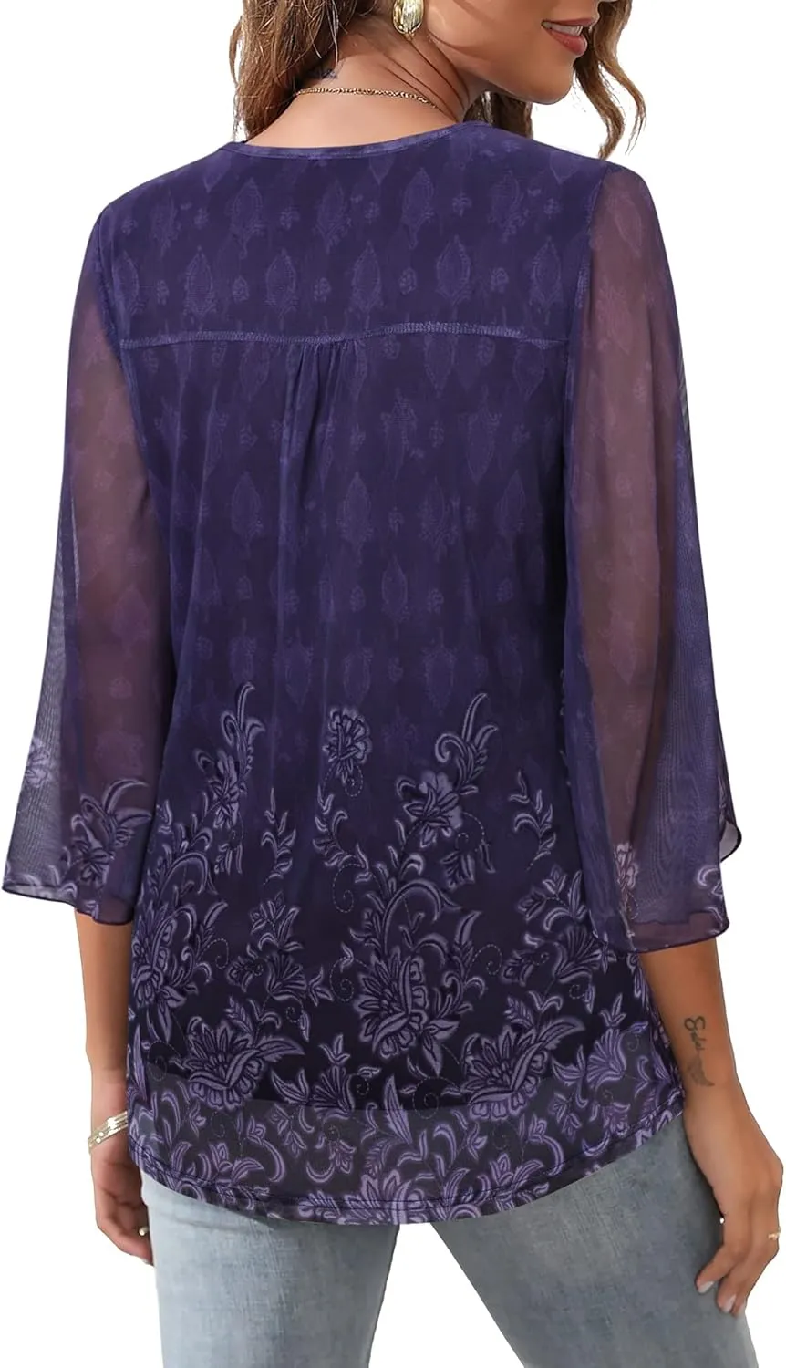 Bebonnie Womens Ruffle 3/4 Sleeve V Neck Double Layers Mesh Blouses Loose Fit Flowy Tunic Tops
