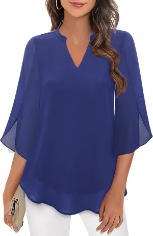 Bebonnie Womens Tops Dressy Casual Ruffle 3/4 Sleeve V Neck Double Layers Chiffon Blouses Tops