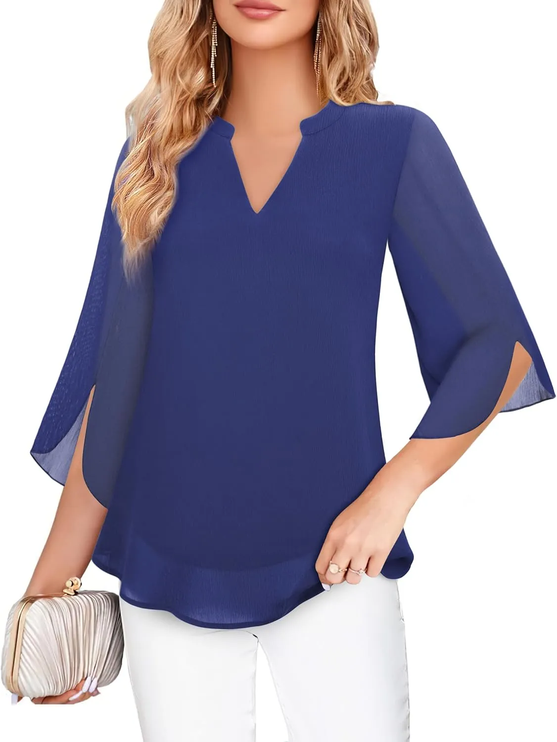 Bebonnie Womens Tops Dressy Casual Ruffle 3/4 Sleeve V Neck Double Layers Chiffon Blouses Tops
