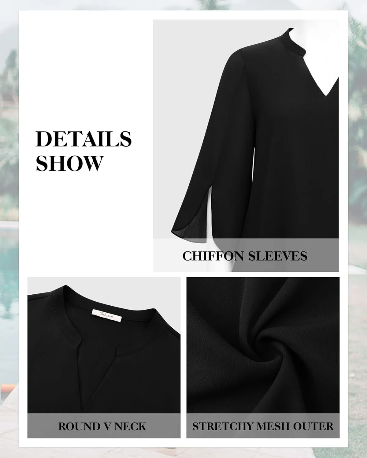 Bebonnie Womens Tops Dressy Casual Ruffle 3/4 Sleeve V Neck Double Layers Chiffon Blouses Tops