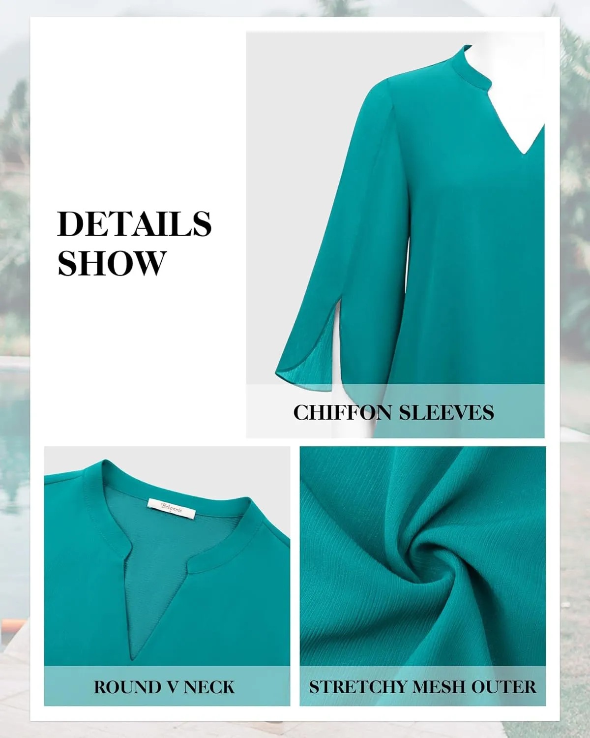 Bebonnie Womens Tops Dressy Casual Ruffle 3/4 Sleeve V Neck Double Layers Chiffon Blouses Tops