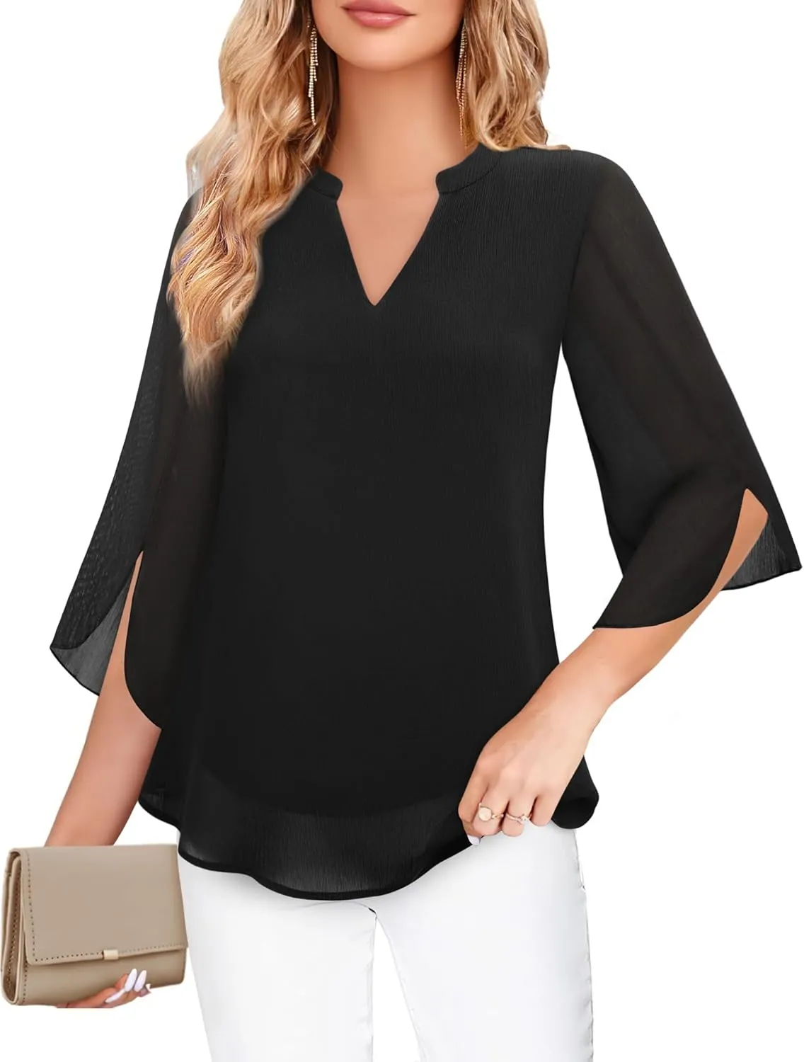 Bebonnie Womens Tops Dressy Casual Ruffle 3/4 Sleeve V Neck Double Layers Chiffon Blouses Tops